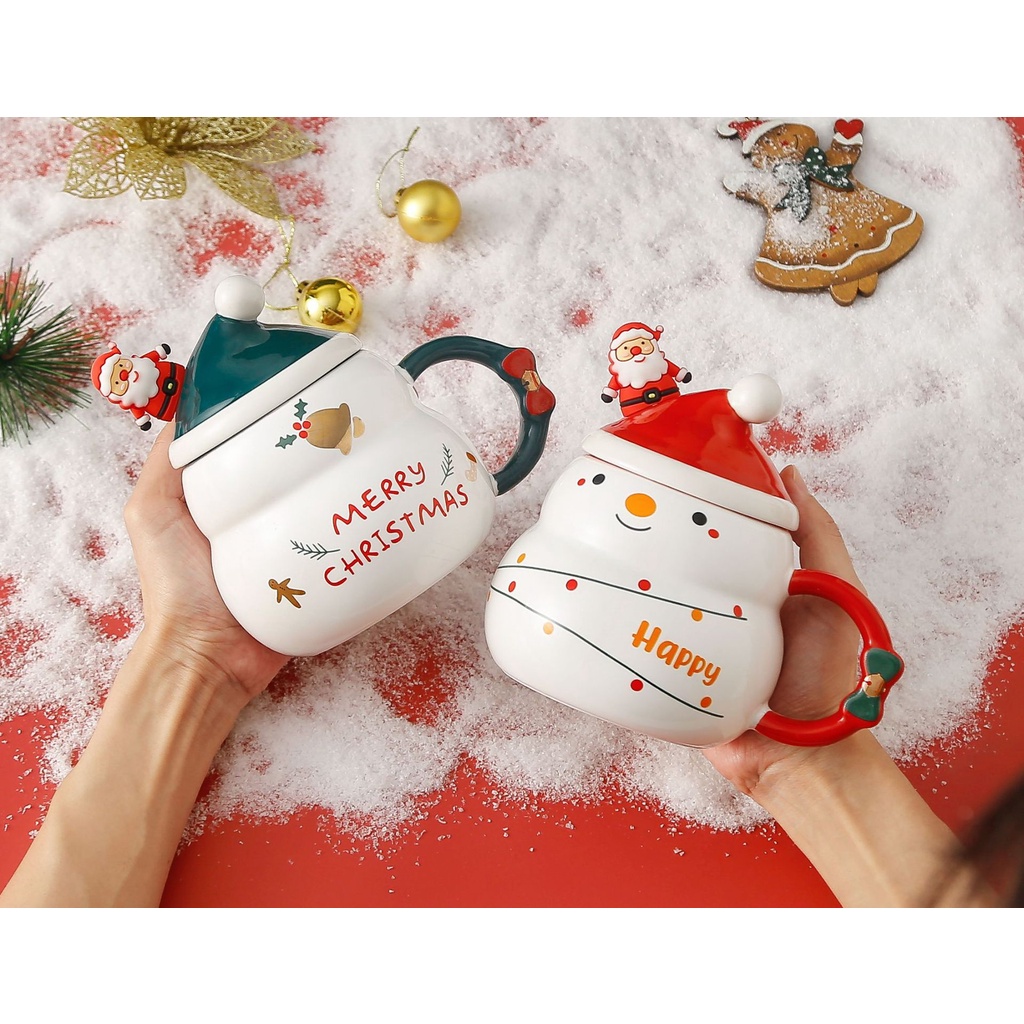 Cốc Uống Nước Bằng Sứ Có Nắp Đậy Và Muỗng Họa Tiết Giáng Sinh