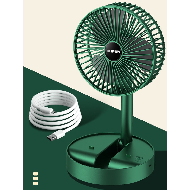 Quạt Tích Điện Để Bàn Gấp Gọn Super Có Thể Điều Chỉnh Độ Cao , 3 Tốc Độ Gió, Cổng Sạc USB Xoay 180 Độ Siêu Tiện Lợi