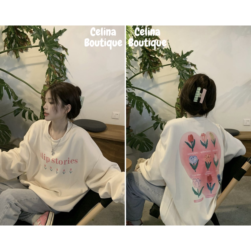Áo sweater Tulip stories CELINA BOUTIQUE - Áo Nỉ chân cua kiểu dáng form rộng dài tay bánh bèo hàn quốc