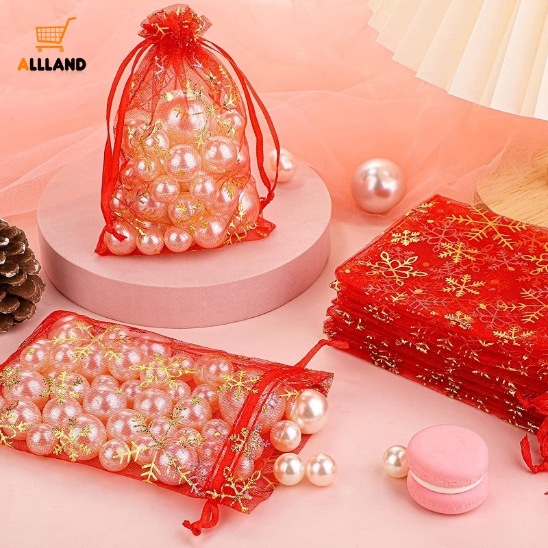 Bộ 10 Túi Dây Rút Bằng Lá Vàng / Bạc Họa Tiết Bông Tuyết Dùng Đựng Kẹo / Trang Sức / Quà Giáng Sinh