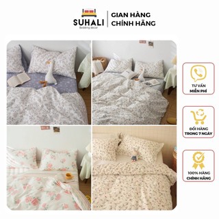 Bộ chăn ga giường Cotton 100% hoa lá vintage Suhali,100% Cotton thoáng mát thấm hút mồ hôi