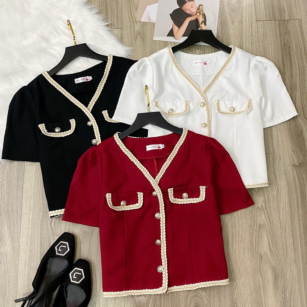 Áo Kiểu Nữ , Áo Nữ Bigsize Cổ Tim Ngắn Tay Viền Vàng 2 Nắp Túi 100% Cotton Dành Cho Người Mập 50.90kg