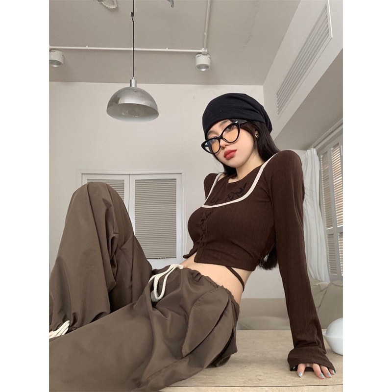 Jiashucheng Áo Thun Tay Dài Cổ Yếm Cột Dây Dáng Ôm Ngắn Phong Cách Retro Mỹ Dễ Phối Đồ Thời Trang Mùa Thu Dành Cho Bạn Nữ