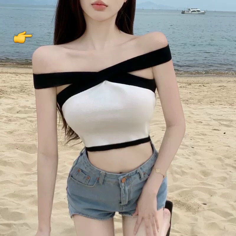 Áo kiểu croptop chéo dây cổ viền màu cực xinh , chất thun bozip mềm mịn