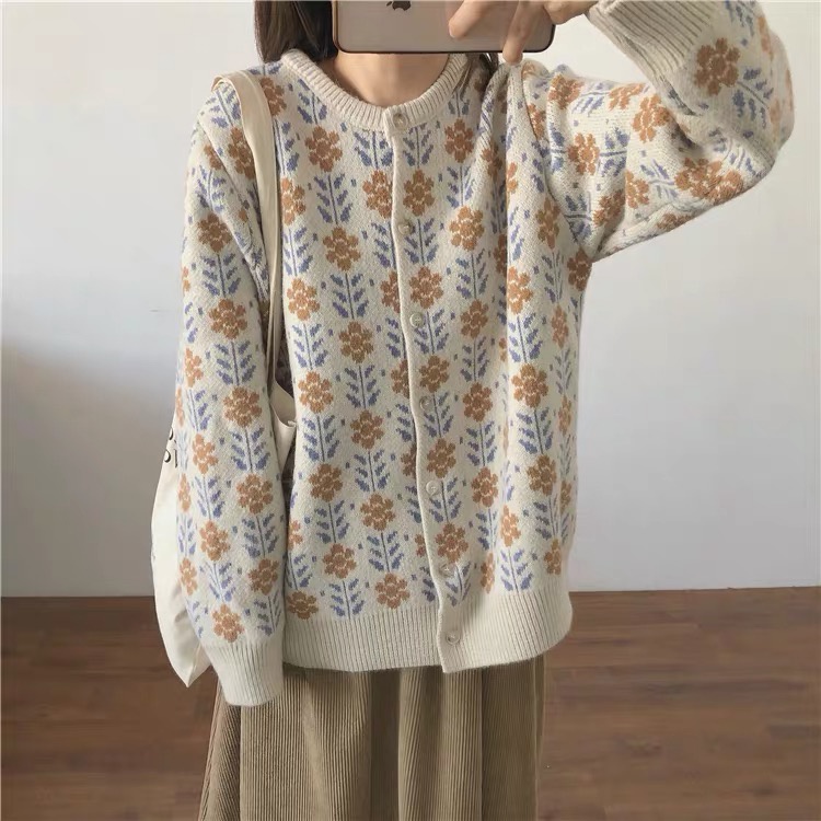 Áo khoác len nữ dệt kim dày dặn tay dài họa tiết hoa vintage, áo sweater cardigan nữ hàn quốc 9926