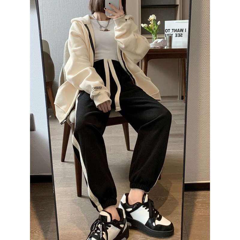 Quần Jogger Nữ, Quần Ống Rộng bo gấu thể thao chất nhung tăm cao cấp/Hường khểnh Shop.