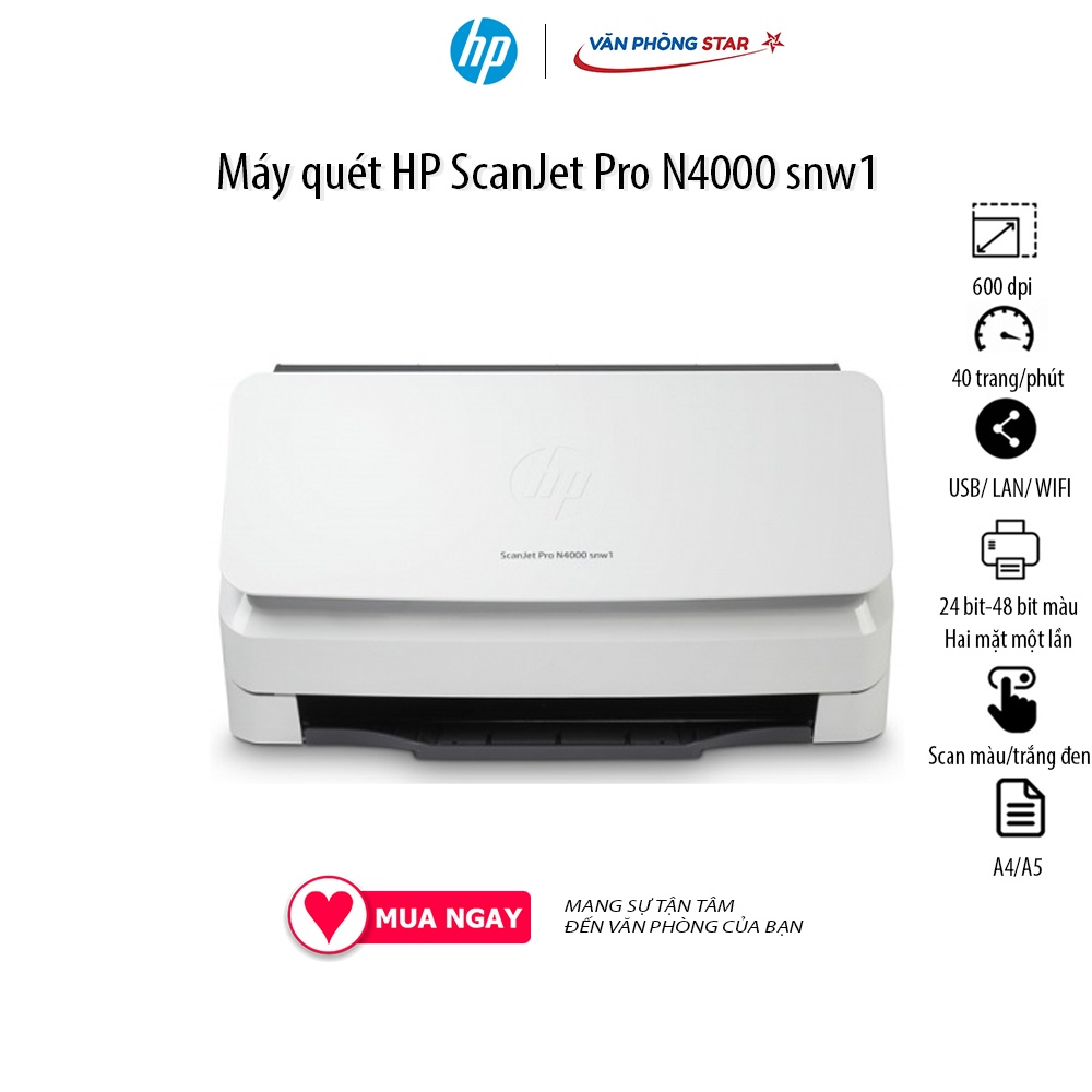 Máy quét HP ScanJet Pro N4000 snw1, Scan hai mặt kết nối  USB/ LAN/ WIFI, tốc độ Tối đa 40 trang/phút hoặc 80 ảnh/phút