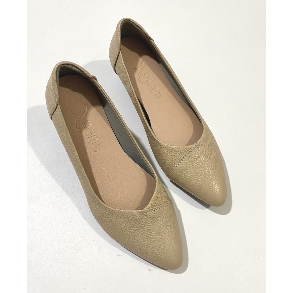 Giày búp bê đế xuồng 5cm ❤️FREESHIP❤️ da thật SIÊU BỀN mũi nhọn trơn màu kem DORIS DR504.