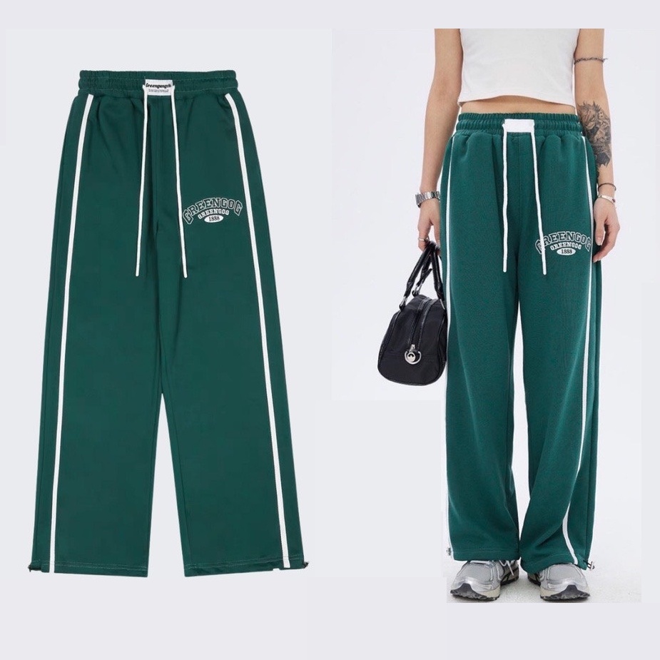 Quần Suông Ống Rộng Unisex Green Lưng Chun Cạp Cao Phối Dây Rút Chốt Gấu Dày Dặn