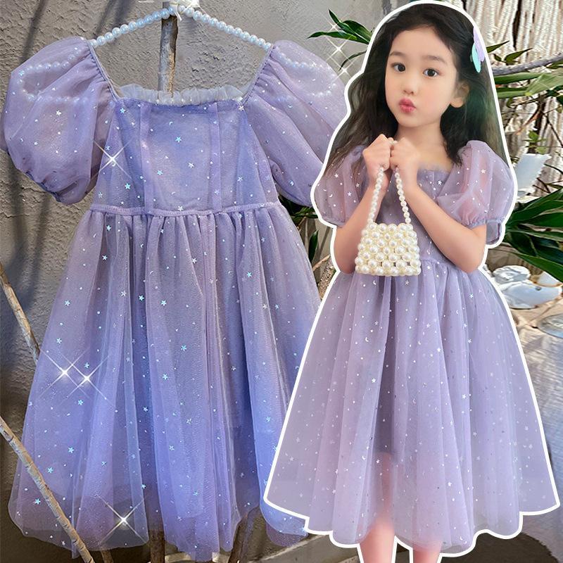 Đầm Công Chúa Tay Phồng Phối Ren Lưới Thời Trang Mùa Hè Xinh Xắn Cho Bé Gái