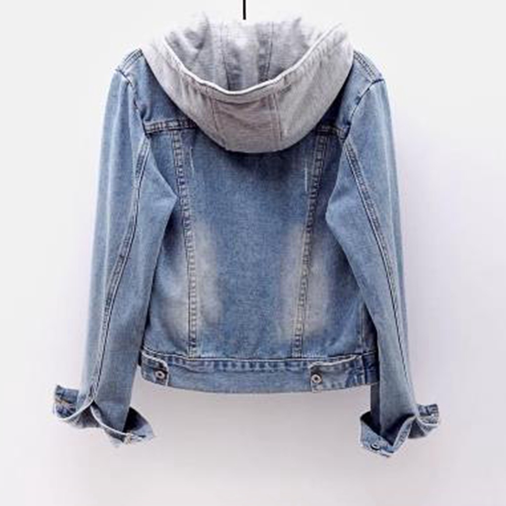 Áo Khoác Jean Tay Dài Có Nón Cài Nút Thời Trang Đường Phố Cho Nữ
