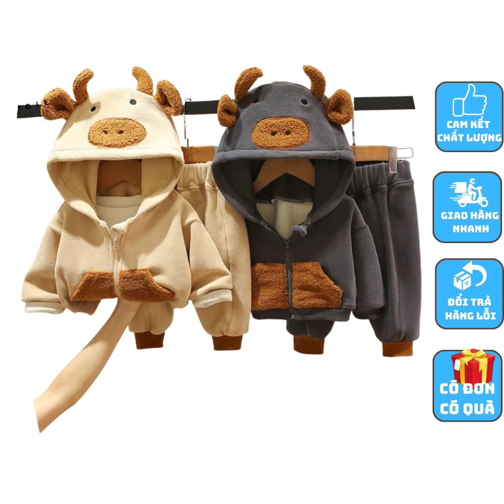 Bộ Nỉ Áo Khoác Có Mũ Tai Gấu Bộ Áo Khoác Quần Nỉ Thu Đông Cho Bé Từ 6-28Kg-KANGMIN KIDS