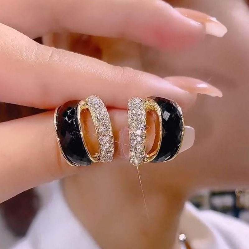 Bông Tai Mạ Bạc 2022 Đính Đá Zircon Màu Đen Dễ Phối Đồ Thời Trang Cho Nữ