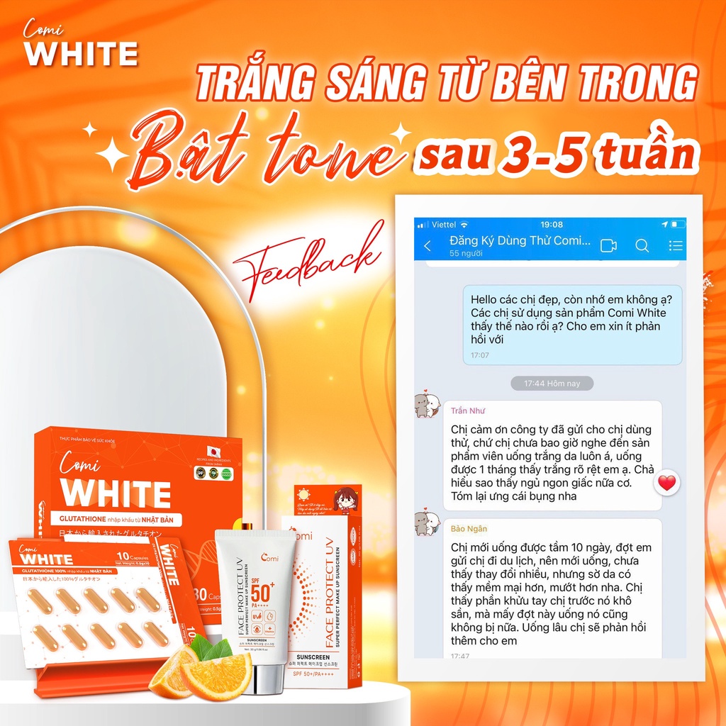 Viên uống trắng da COMI WHITE, viên uống sáng da công nghệ Nhật hỗ trợ hết nám sạm thâm mua 2 tặng 1