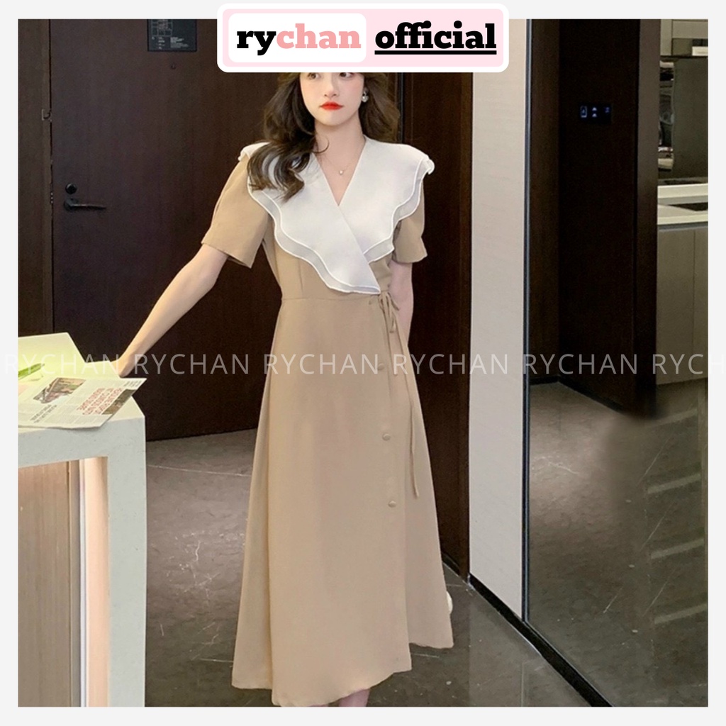 Đầm Nữ Thiết Kế Dáng Dài Nút Bọc Eo Thắt Nơ Sành Điệu, Đầm Màu Kem Tay Ngắn Cổ Phối Bèo Trắng Xinh Xắn-DX461