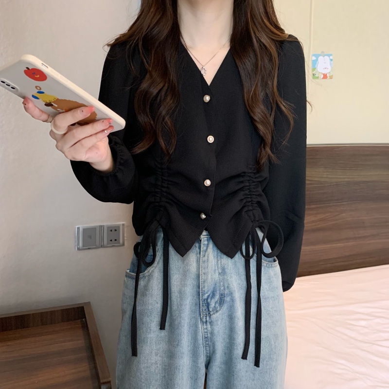 IELGY Áo Sơ Mi Dài Tay Cổ Chữ v Phối Dây Rút Phong Cách Pháp Thời Trang Dành Cho Nữ