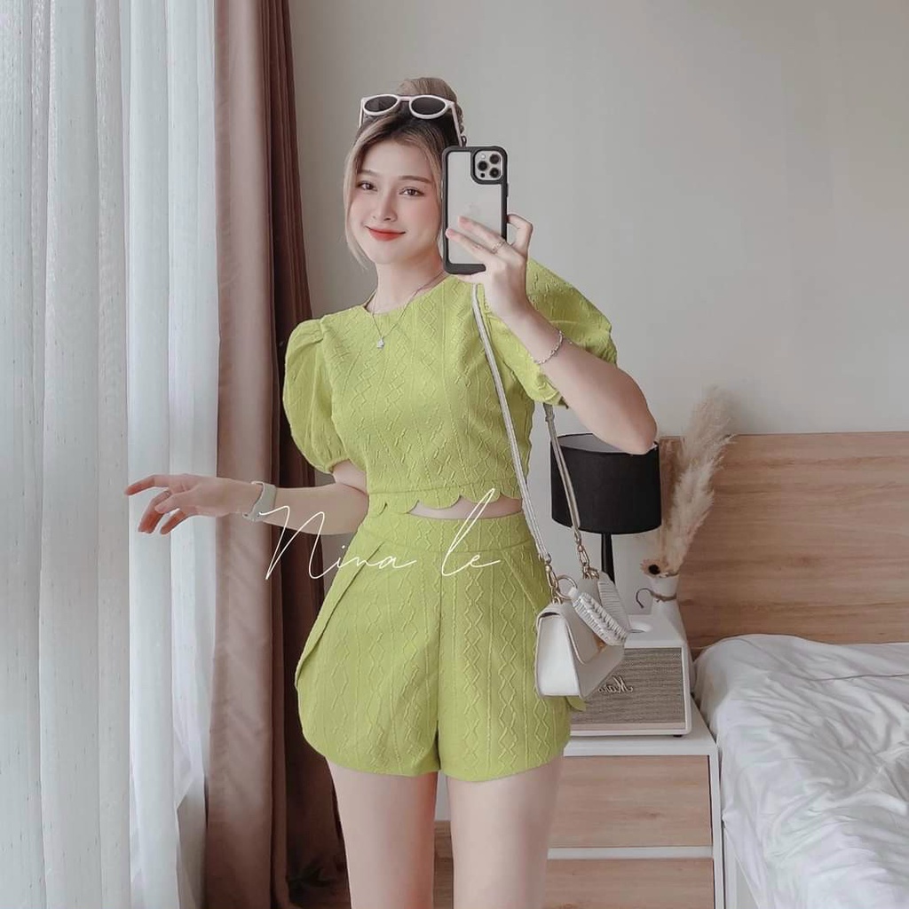 SET ÁO CROP TOP LINE LƯỢN SÓNG BUỘC NƠ LƯNG CẮT LAZE