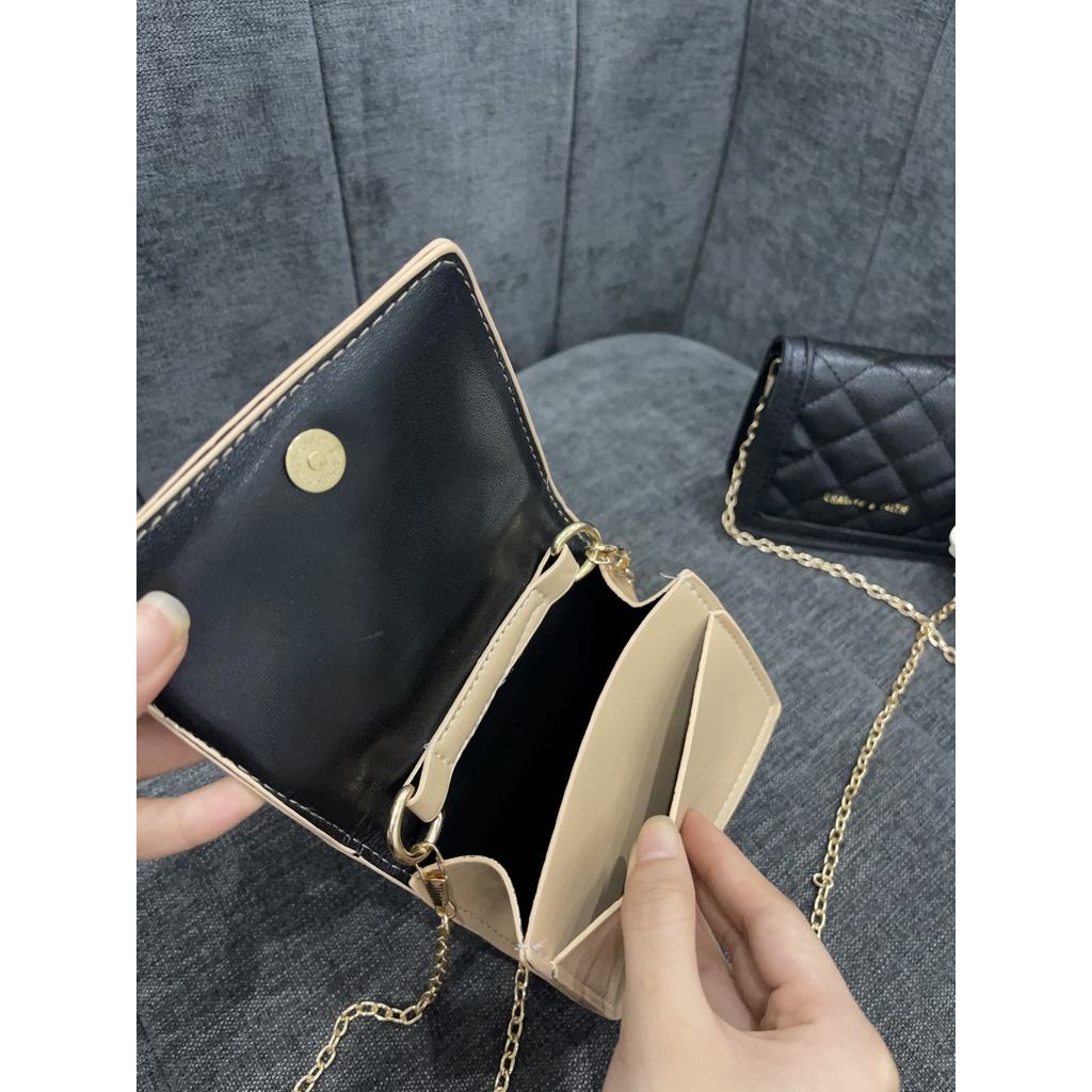 Ví mini cầm tay thêu ô trám có hai ngăn kèm dây xích đeo chéo LK279