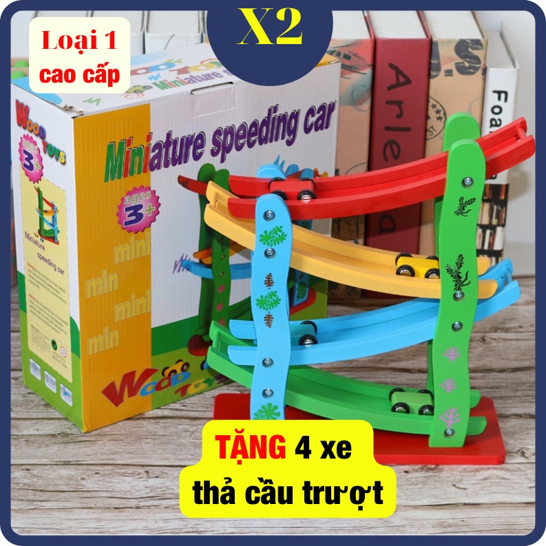 Đồ Chơi Xe Cầu Trượt 4 Tầng tặng kèm 4 Ô tô Bằng Gỗ Dành Cho Bé, AKA Store