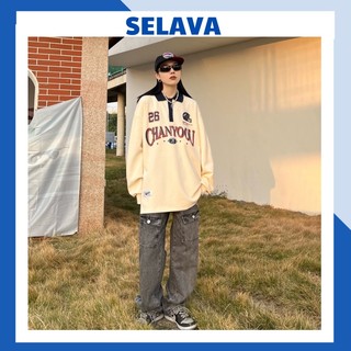Áo sweater nỉ lót dài tay dáng rộng cổ polo chanyoou ulzzang, áo đôi nam nữ dài tay mùa đông unisex