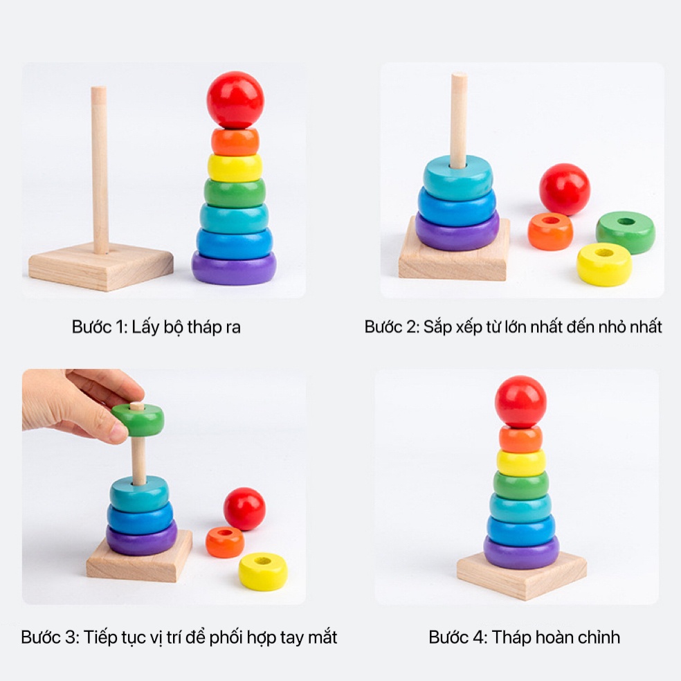 Đồ Chơi Gỗ Tháp Cầu Vồng 7 Màu - Đồ Chơi Gỗ Montessori Phát Triển Kỹ Năng Cho Bé