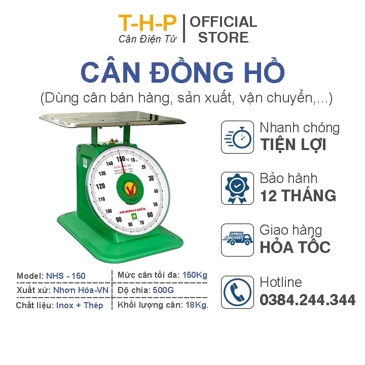 Cân đồng hồ Nhơn Hòa 150Kg - Đĩa cân Inox - Vỏ cân thép sơn tĩnh điện
