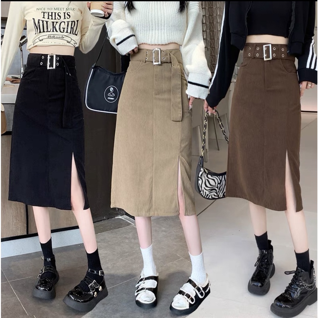 Chân váy dài chất nhung tăm kèm đai đủ size SML