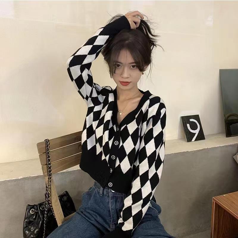 Áo Dệt Kim Nữ Dài Tay Cổ Chữ v Thời Trang Hàn