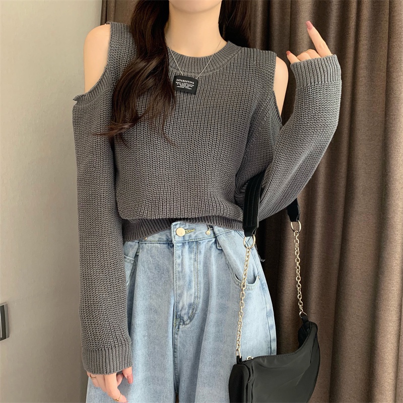 IELGY    Áo Thun Dệt Kim Hở Vai Dáng Rộng Thời Trang Dành Cho Nữ