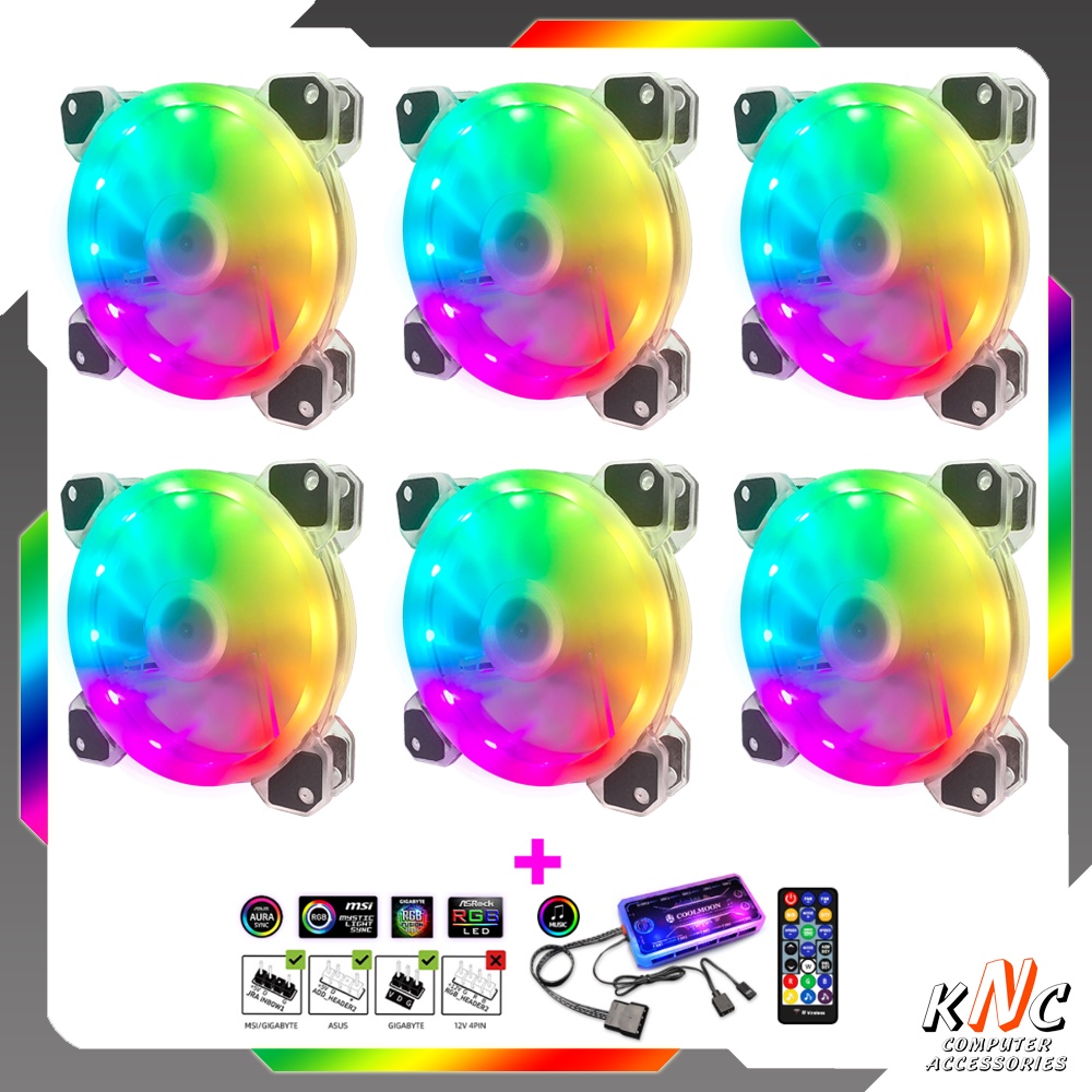 Bộ 6 Quạt Tản Nhiệt Case K5 12cm Led RGB Đồng Bộ Màu Hub Quạt Coolmoon ARGB Music
