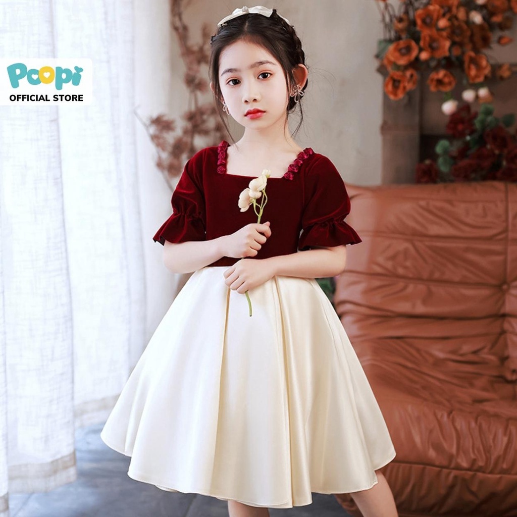 Đầm Công Chúa Cho Bé Poopi Dáng Xòe Bồng Cổ Vuông Đính Hoa Nhỏ, Váy Cho Bé Gái Dự Tiệc Xinh Đẹp