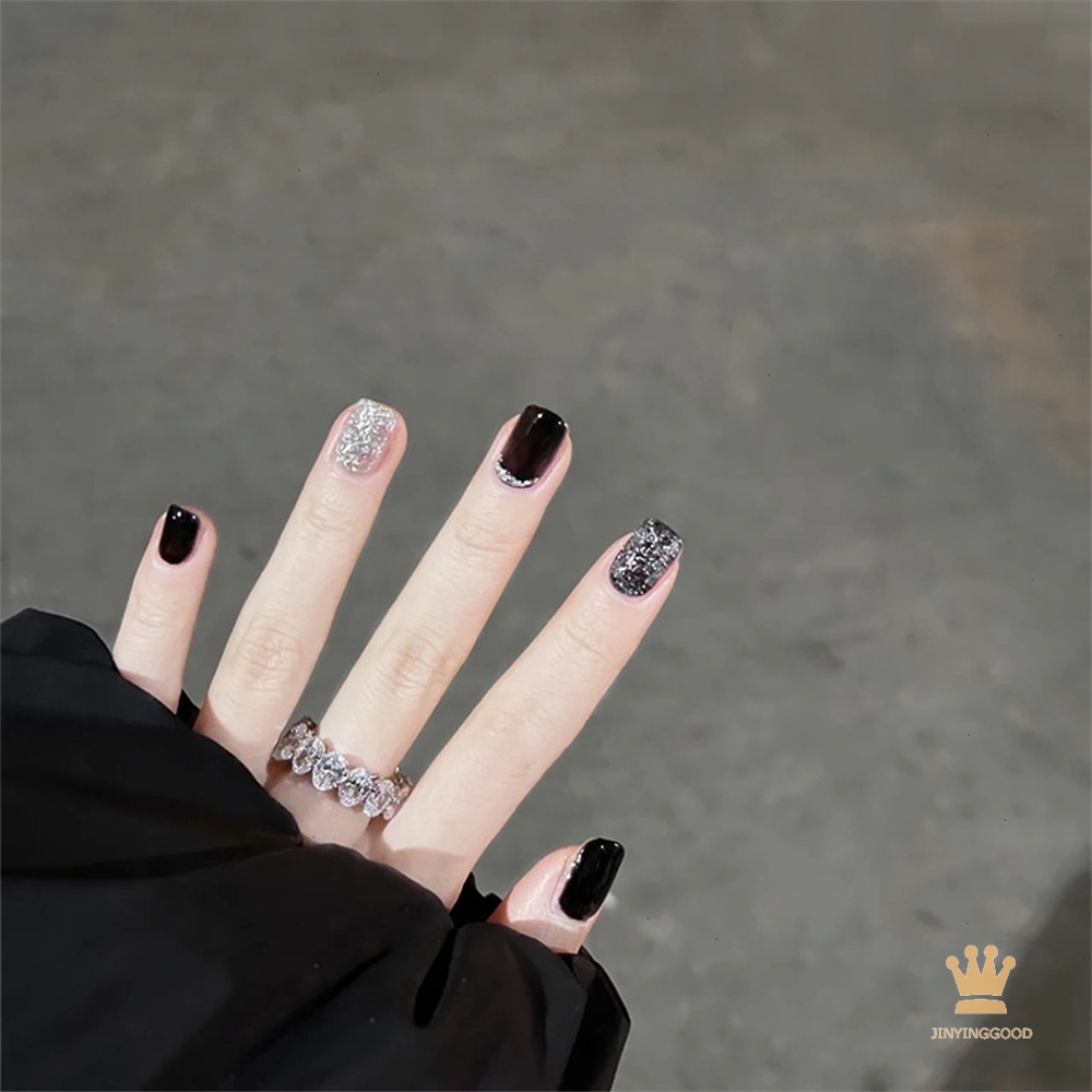 Bộ 24 Móng Tay Giả Màu Đen Đính Kim Tuyến Lấp Lánh Chuyên Dụng Cho Salon