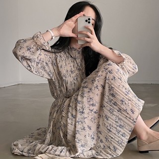 (HÀNG SẴN) Váy hoa nhí dài tay mùa thu thắt eo xòe dài xếp ly nhỏ nhẹ nhàng style vintage Hàn Quốc