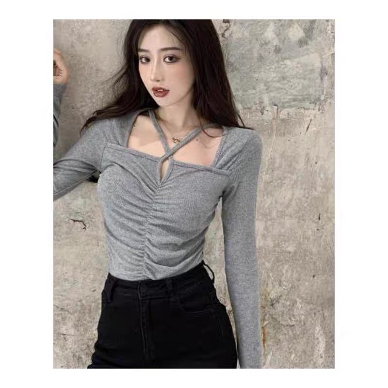 Áo kiểu thun croptop nữ tay dài chít thun phối dây thời trang cho nữ