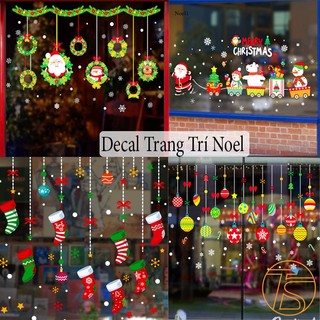 Decal trang trí Noel dán kính mẫu ông gIà noel, cây thông, xe chở quà tặng, chúc mừng năm mới 2023