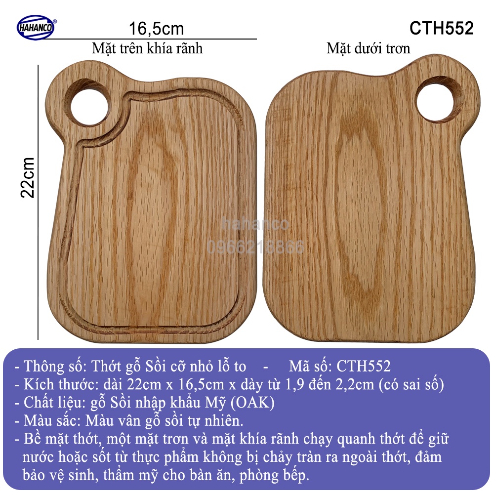 Thớt Lỗ To Gỗ Sồi HAHANCO Có Rãnh Bao Quanh Tiện Dụng Xuất Khẩu Châu Âu CTH552