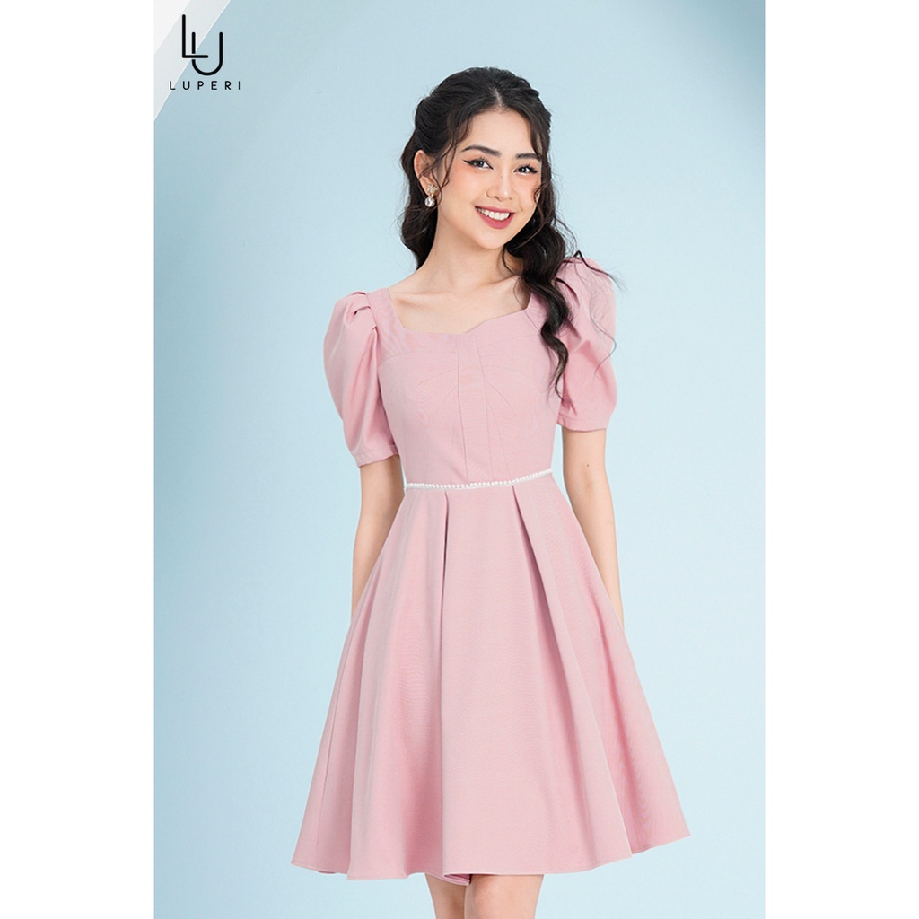 Váy Cổ Vuông Thiết Kế Tay Bồng Luperi LFV3286 Đính Ngọc Ở Eo Trẻ Trung Đi Làm Đi Chơi Đều Được