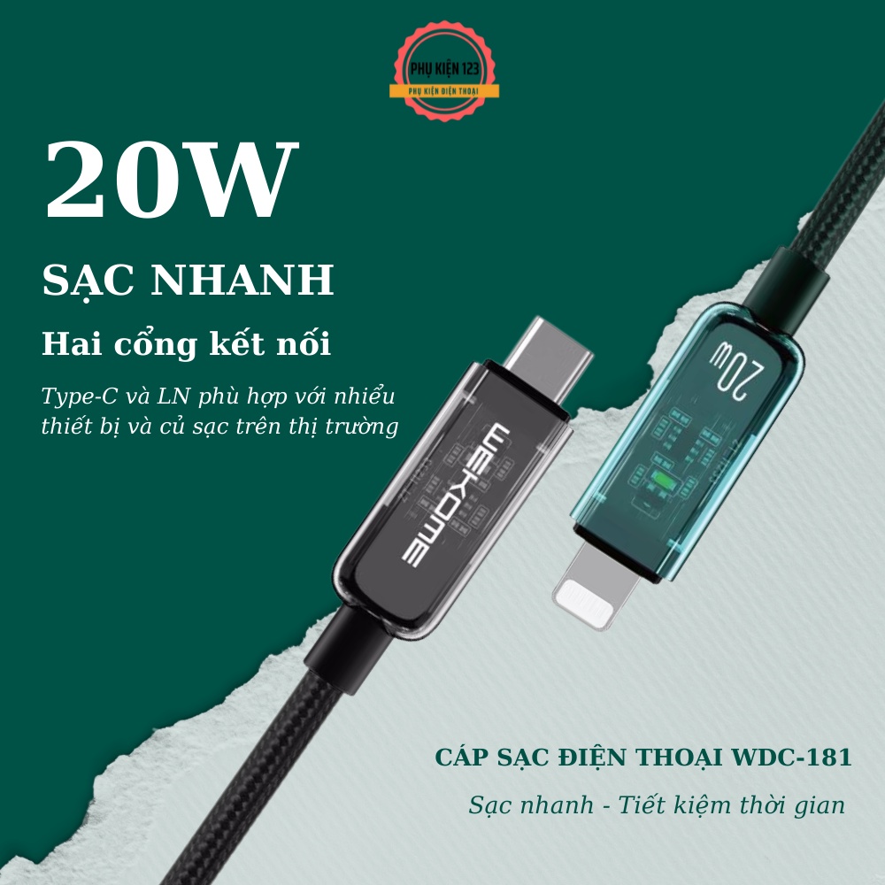 Dây cáp sạc nhanh 20W Type c -LN WEKOME WDC181 chất liệu dây dù tích hợp sạc nhanh 20W