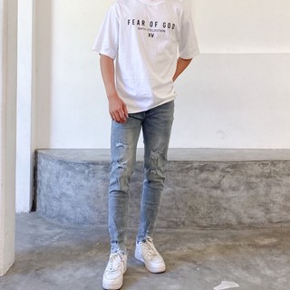 Quần jean nam rách gối gấu co giãn tốt màu xanh đậm Pon.mens