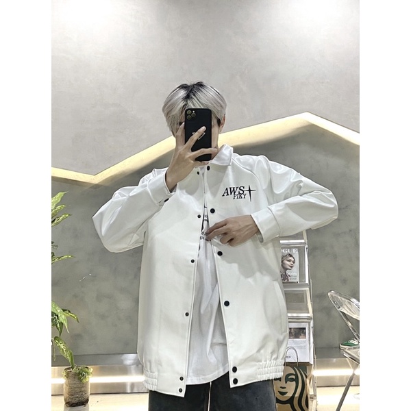 ÁO KHOÁC BOMBER FULL DA TRẮNG ĐEN AWS UNISEX NAM VÀ NỮ