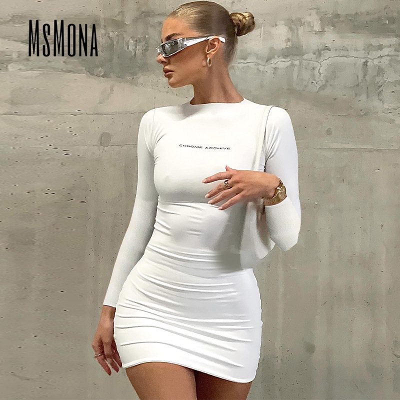 MsMona Đầm Mini Tay Dài Cổ Tròn Màu Trơn In Chữ Thời Trang 2022 Cho Nữ