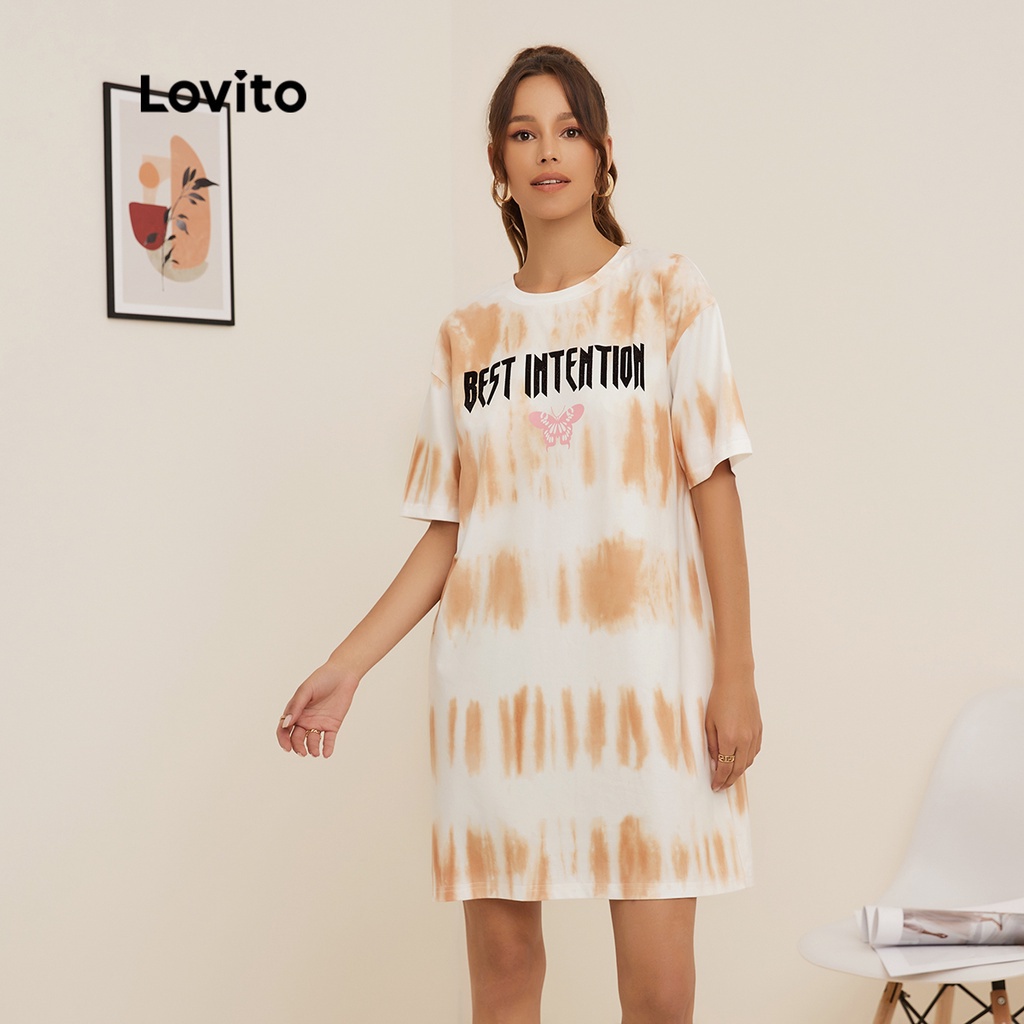 Đầm Lovito dáng ngắn in hình bướm và chữ họa tiết loang màu đơn giản có túi và nút cài phía trước L19D173 (màu trắng)