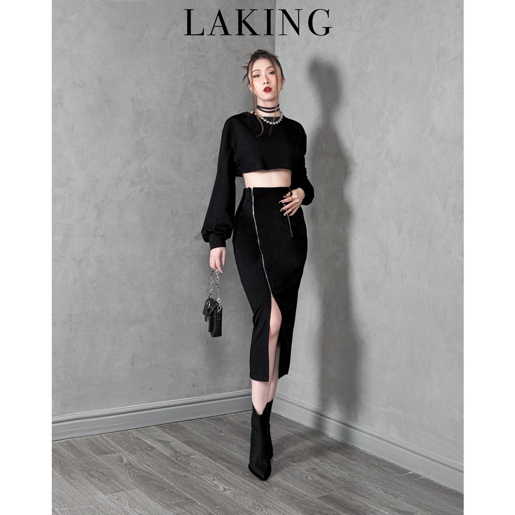 Set thun đen áo croptop phối váy bút chì khóa kéo trước Laking House