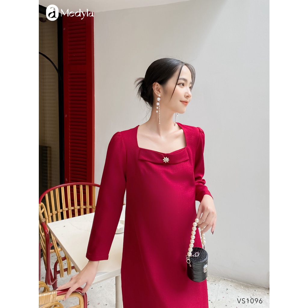 MEDYLA - Đầm bầu dự tiệc thu đông thiết kế 2 lớp text đỏ lót lụa tặng kèm hoa đá cho bầu đi chơi, đi tiệc - VS1096