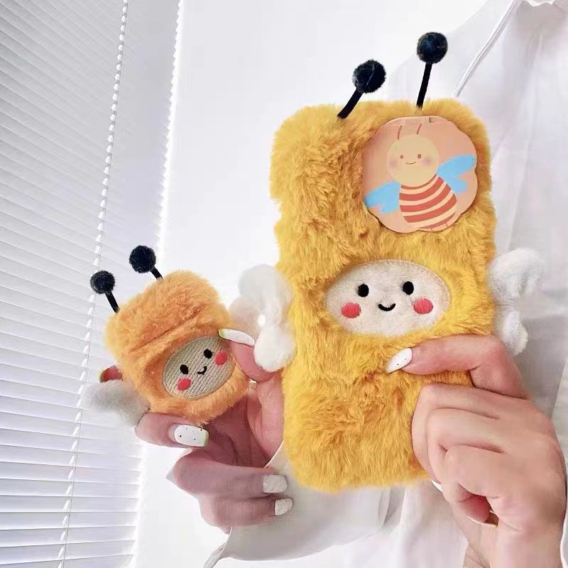Ốp Điện Thoại Lông Nhung Mềm Hình Chú Ong Vàng Cho iPhone 14 11 12 13 Pro Max 6 7 8 Plus XR XS Max Phone Case
