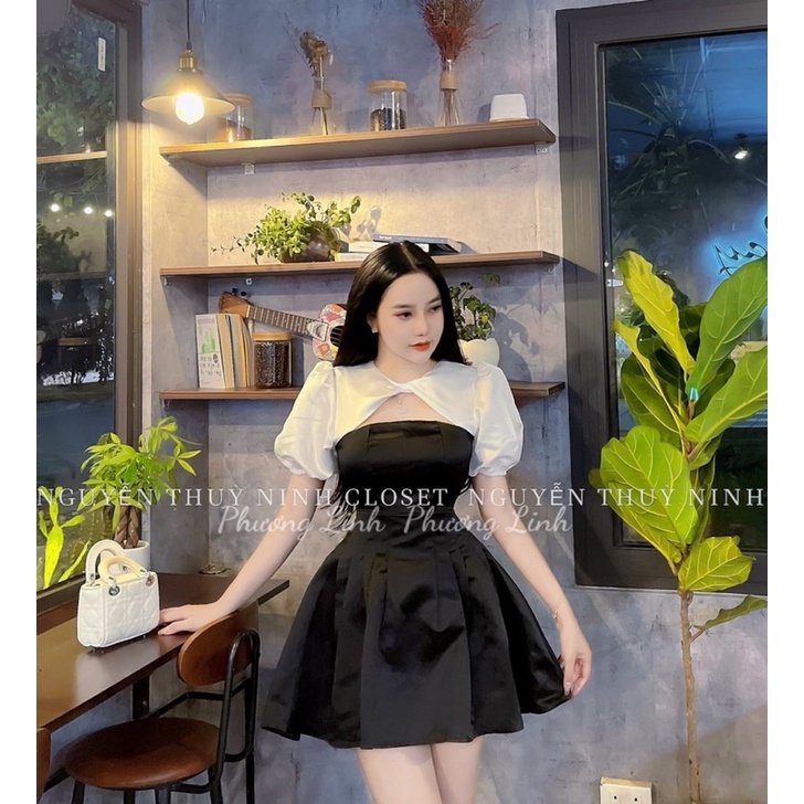 Váy tafta phối tay bồng khoét ngực