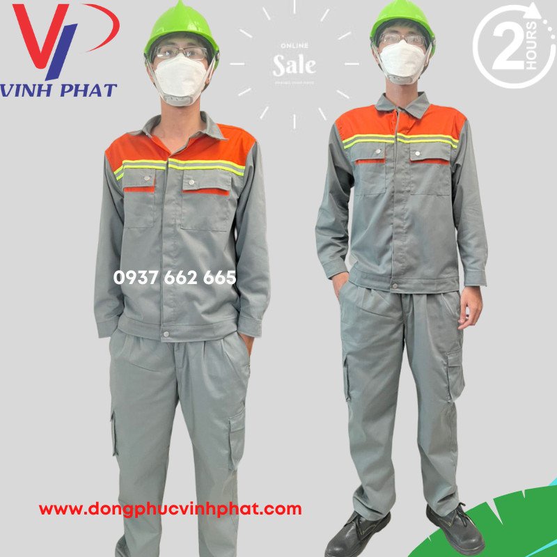 Quần Áo Bảo Hộ Lao Động Màu Xám Túi Hộp Kiểu Phối Xanh Bích Vải Kaki Bền Đẹp Công Nhân Kỹ Sư - Hình thật