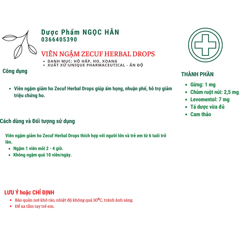 Viên ngậm Zecuf Herbal Drops Xanh giúp giảm ho, nhuận phế