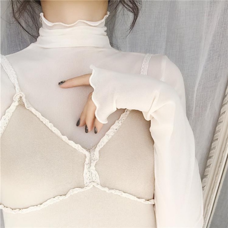 Áo Thun Lưới Tay Dài Cổ Cao Ôm Dáng Màu Trơn Đơn Giản Hợp Thời Trang Mùa Thu Mới Cho Nữ