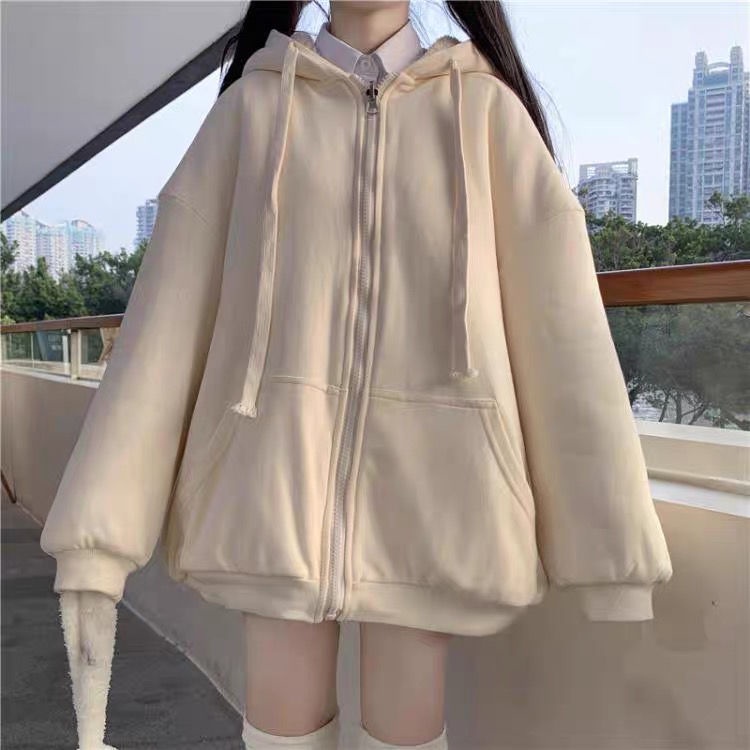 Áo Hoodie Màu Trơn Có Khóa Kéo Dễ Thương Size S-2Xl Thời Trang Thu Đông Cho Nữ
